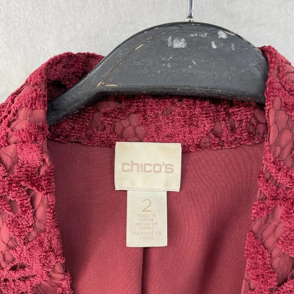 Chico's  Jacket Women's Sz 2 Red Wine Maple Faux Suede Lace Blazer V-neck - Picture 9 of 11